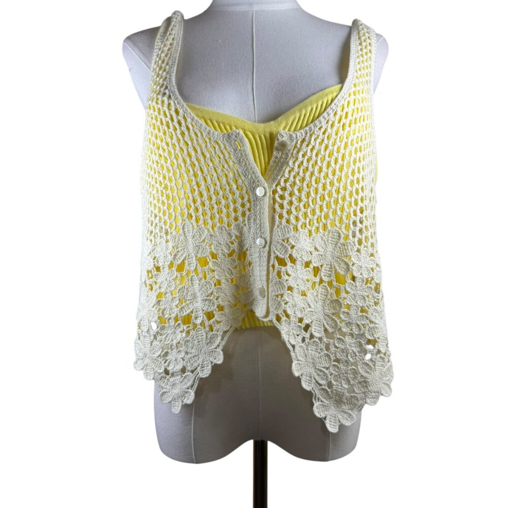 Avec Les Filles Ivory Crochet Button Front Top Large Yellow Layered Tank Set NWT